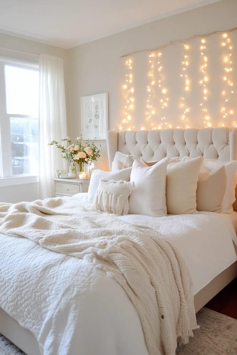 twinkle fairy lights cascading down behind the headboard for magical ambiance 1