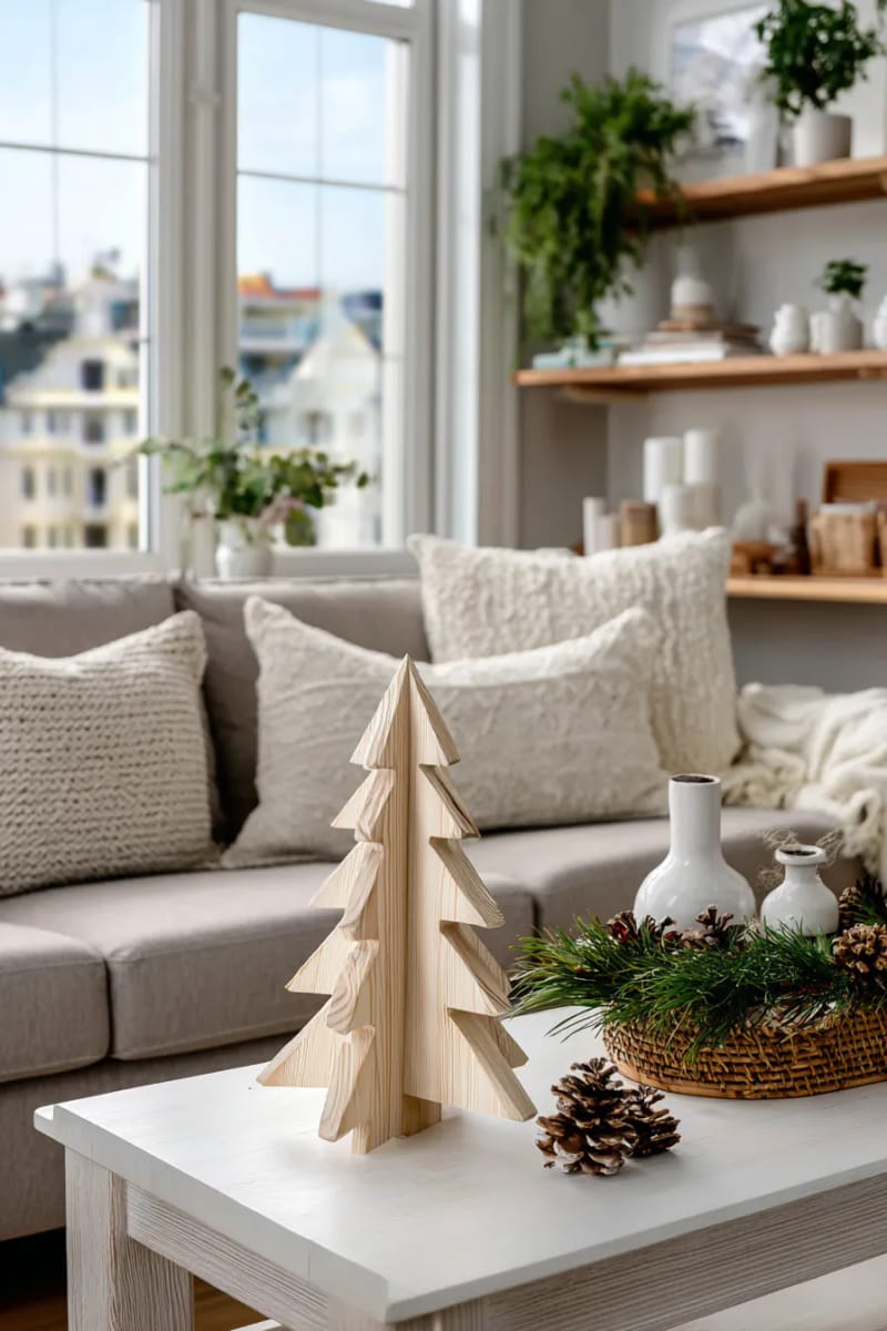 31 Elegant Minimalist Christmas Decor Ideas to Inspire 28 unadorned wooden christmas tree silhouette on a white accent table 1