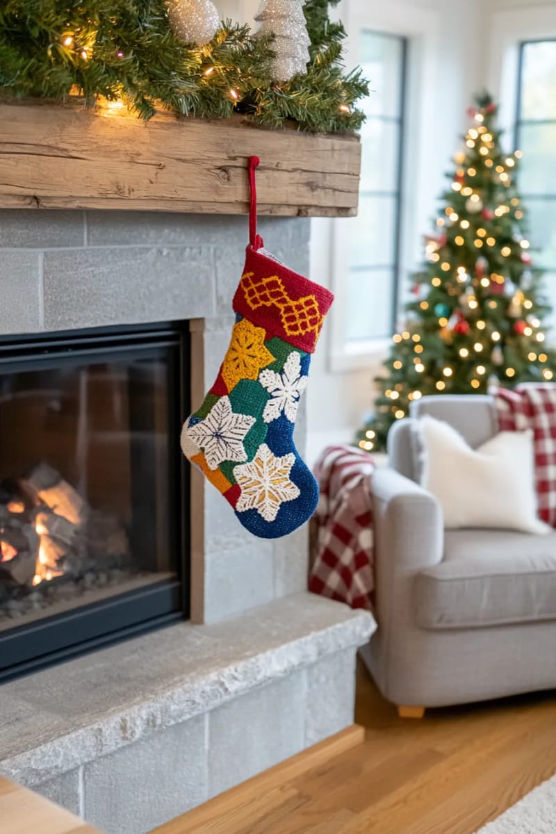 upcycled denim stocking with patchwork stars and hand-stitched snowflakes 1