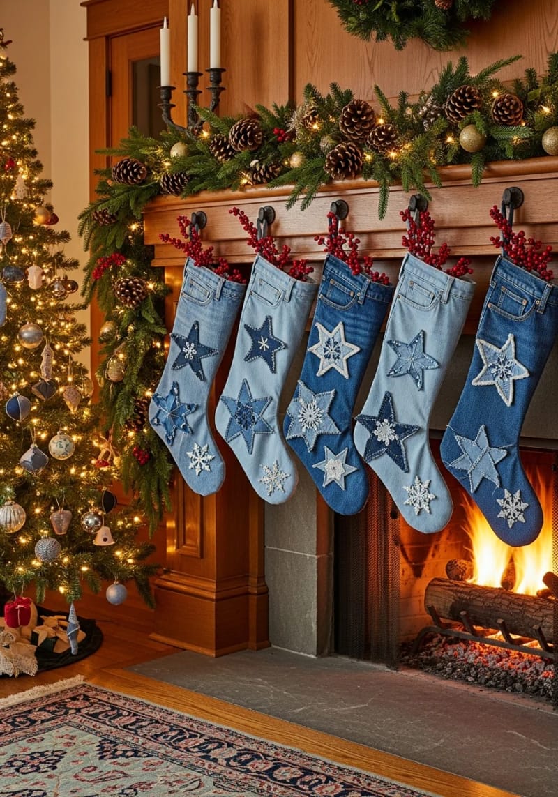 upcycled denim stocking with patchwork stars and hand-stitched snowflakes 1