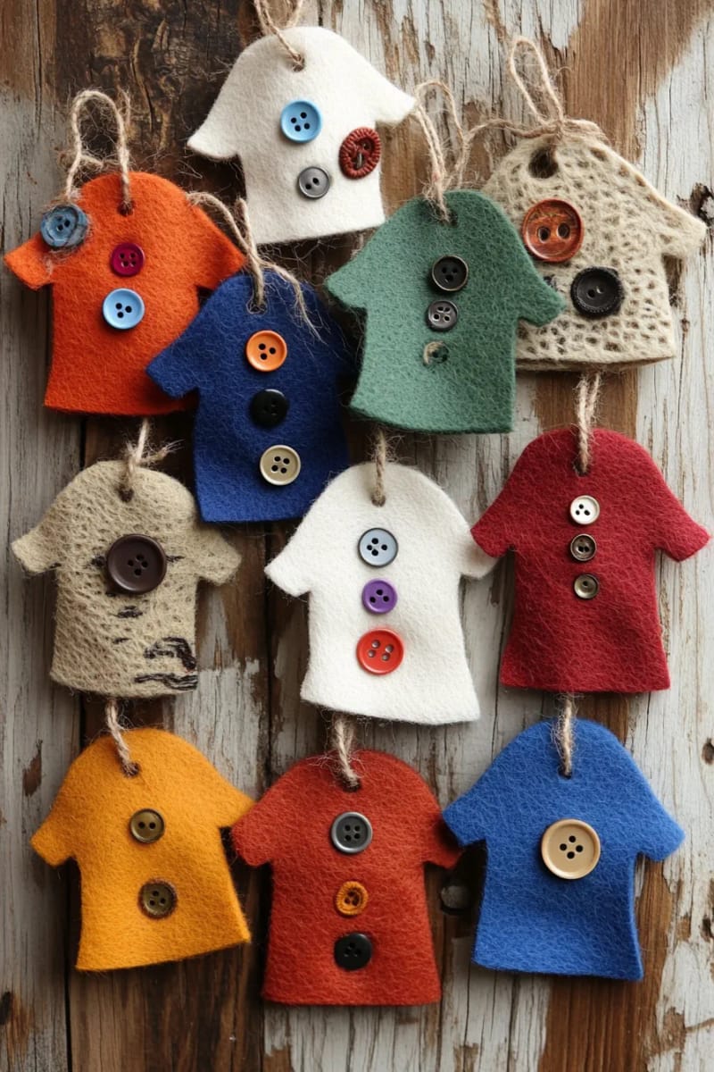 29 Upcycled Christmas Crafts For Unique Holiday DIY Projects 53 upcycled felt jumper tree ornaments with playful vintage buttons 1