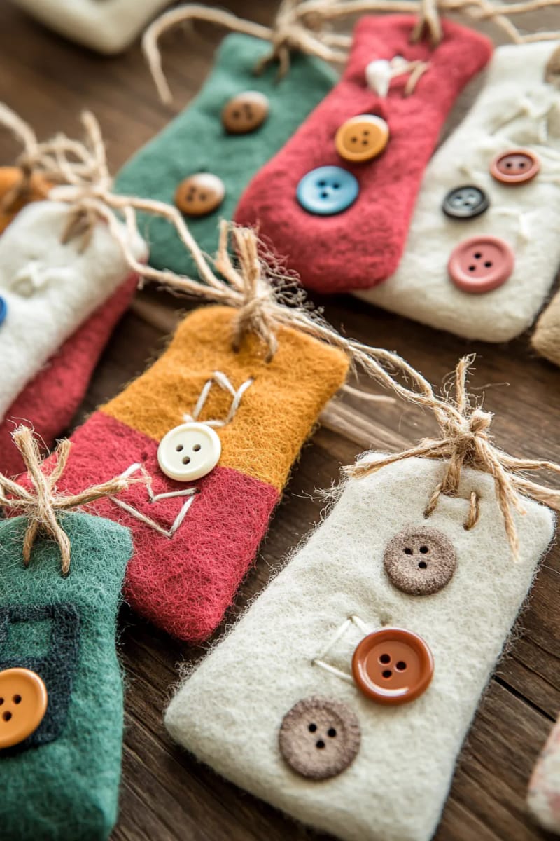29 Upcycled Christmas Crafts For Unique Holiday DIY Projects 55 upcycled felt jumper tree ornaments with playful vintage buttons 1
