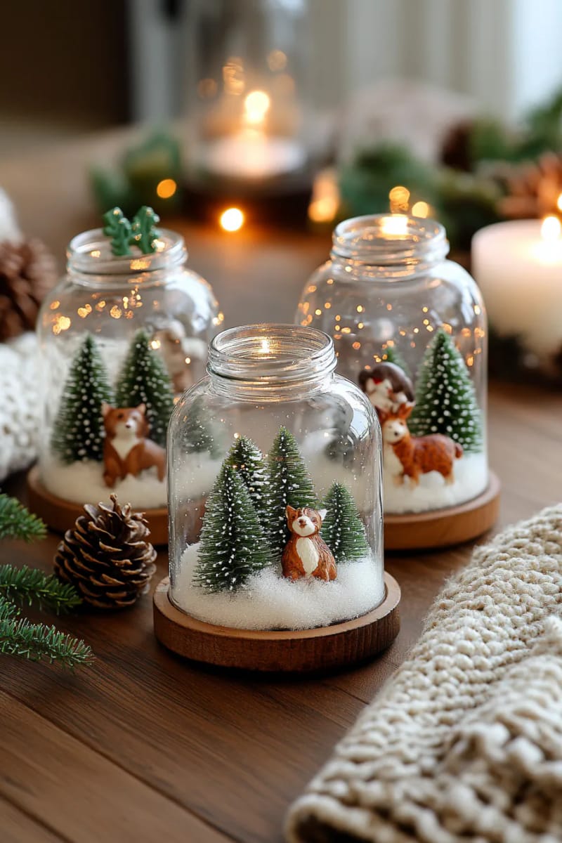 upcycled glass jar snow globes with miniature trees and glitter 1
