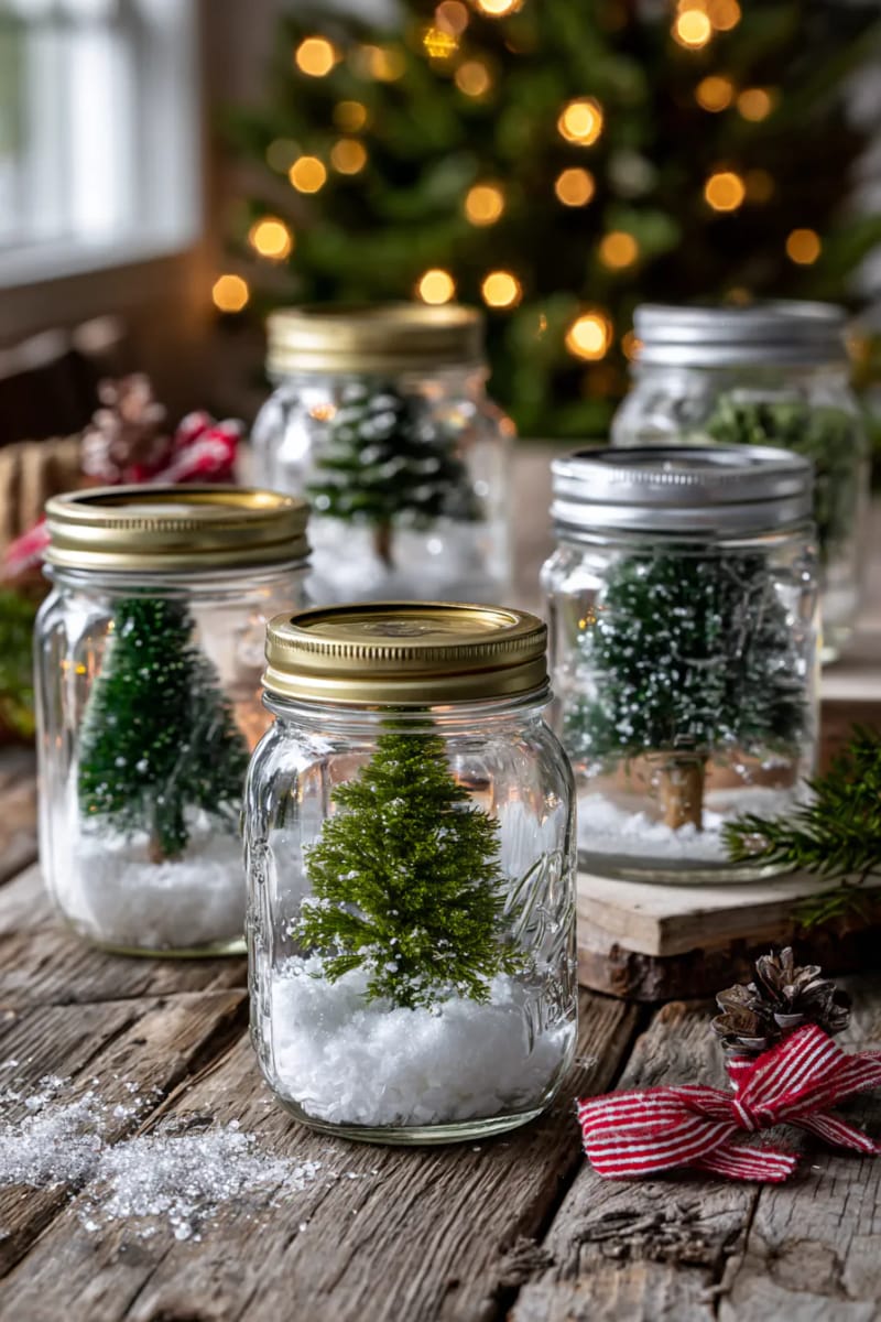 upcycled glass jar snow globes with miniature trees and glitter 1
