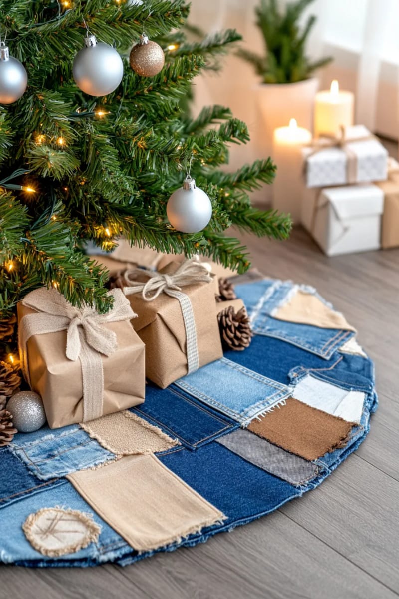 upcycled jeans christmas tree skirt with patchwork and visible seams 1