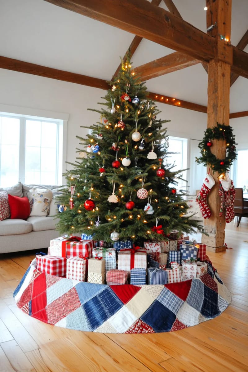 upcycled jeans christmas tree skirt with patchwork and visible seams 1