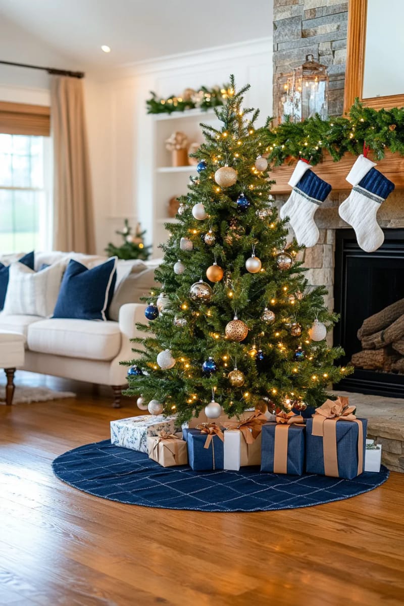 upcycled jeans christmas tree skirt with patchwork and visible seams 1
