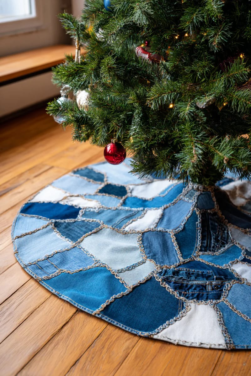 upcycled jeans christmas tree skirt with patchwork and visible seams 1