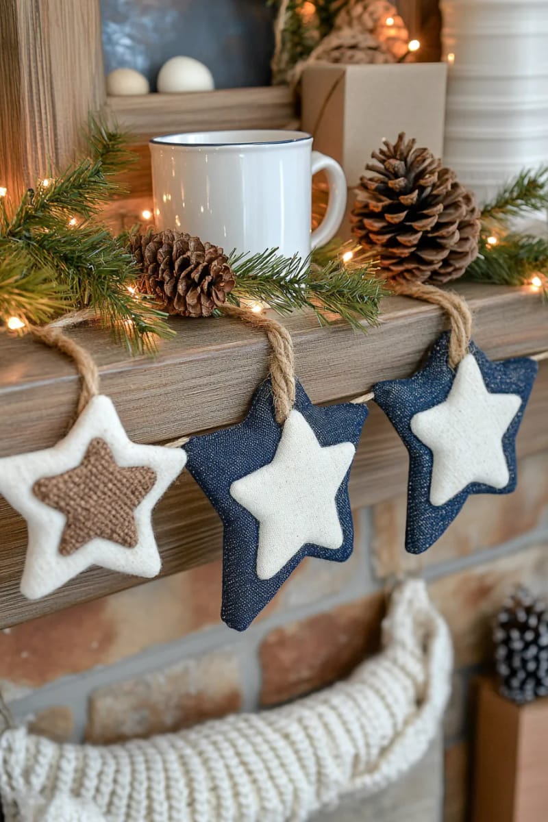 upcycled jeans star garland, layered with white felt and twine 1