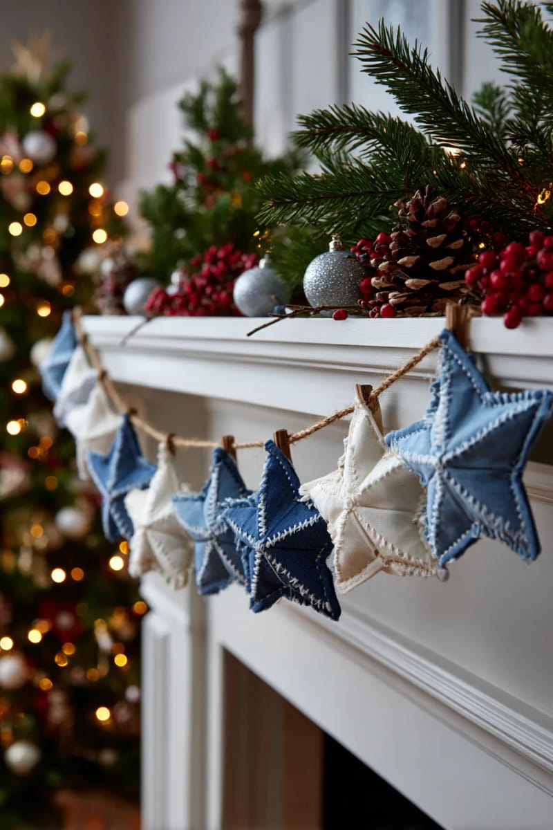 upcycled jeans star garland, layered with white felt and twine 1