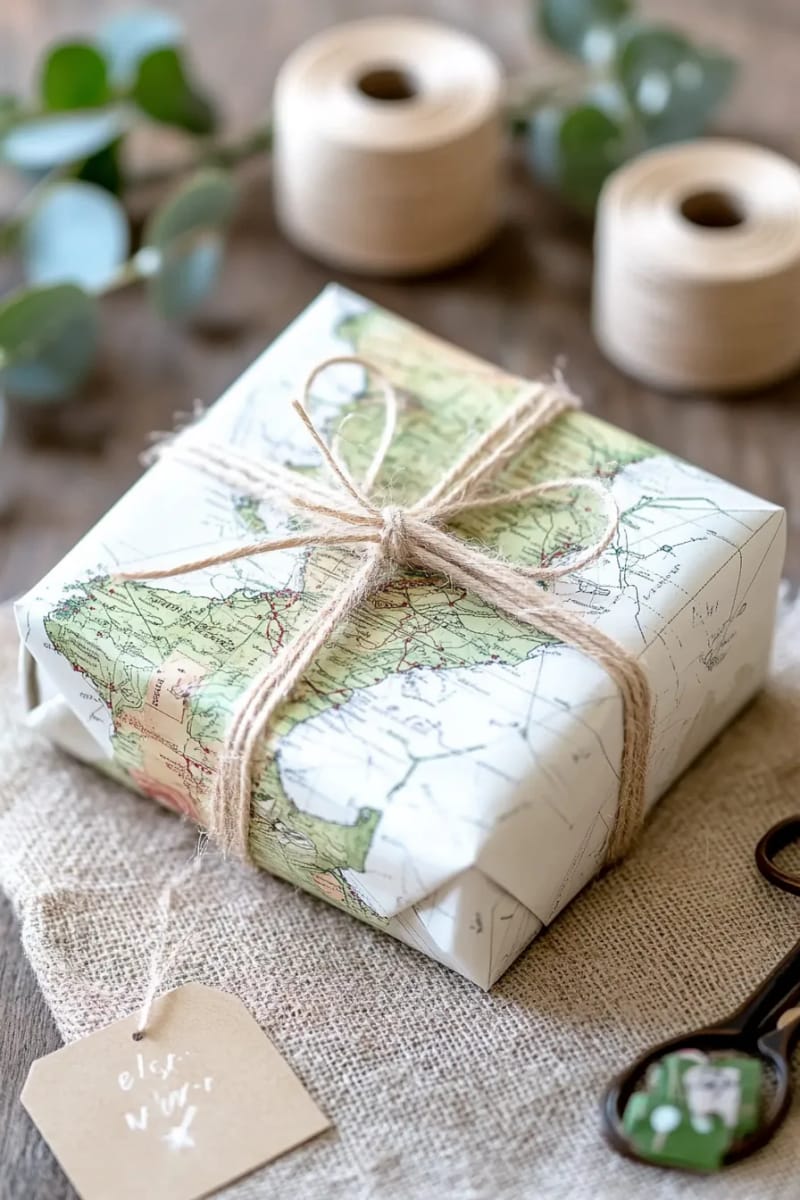 upcycled map paper wrapping with biodegradable ribbon 1