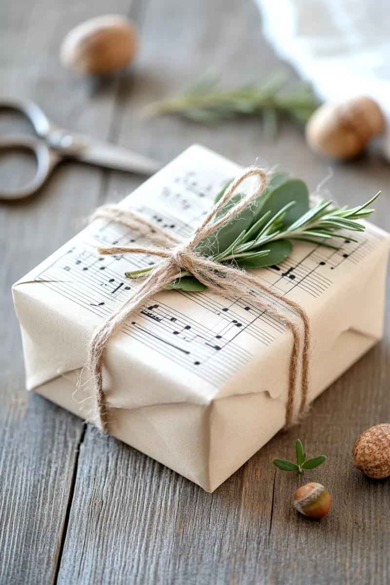 29 Eco-Friendly Christmas Gift Ideas DIY for a Thoughtful Holiday 7 upcycled sheet music wrapping paper tied with twine and foraged greenery 1