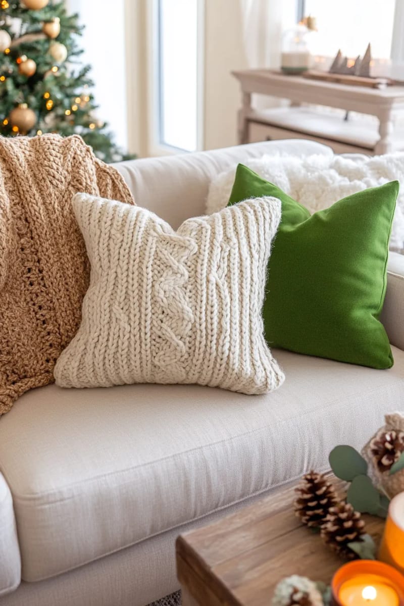 upcycled sweater pillow covers and chunky knit throws in earthy neutral tones 1