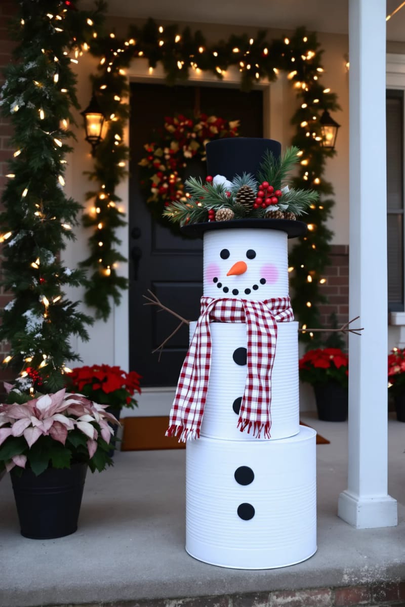 upcycled tin cans painted as snowmen, lined along porch steps 1