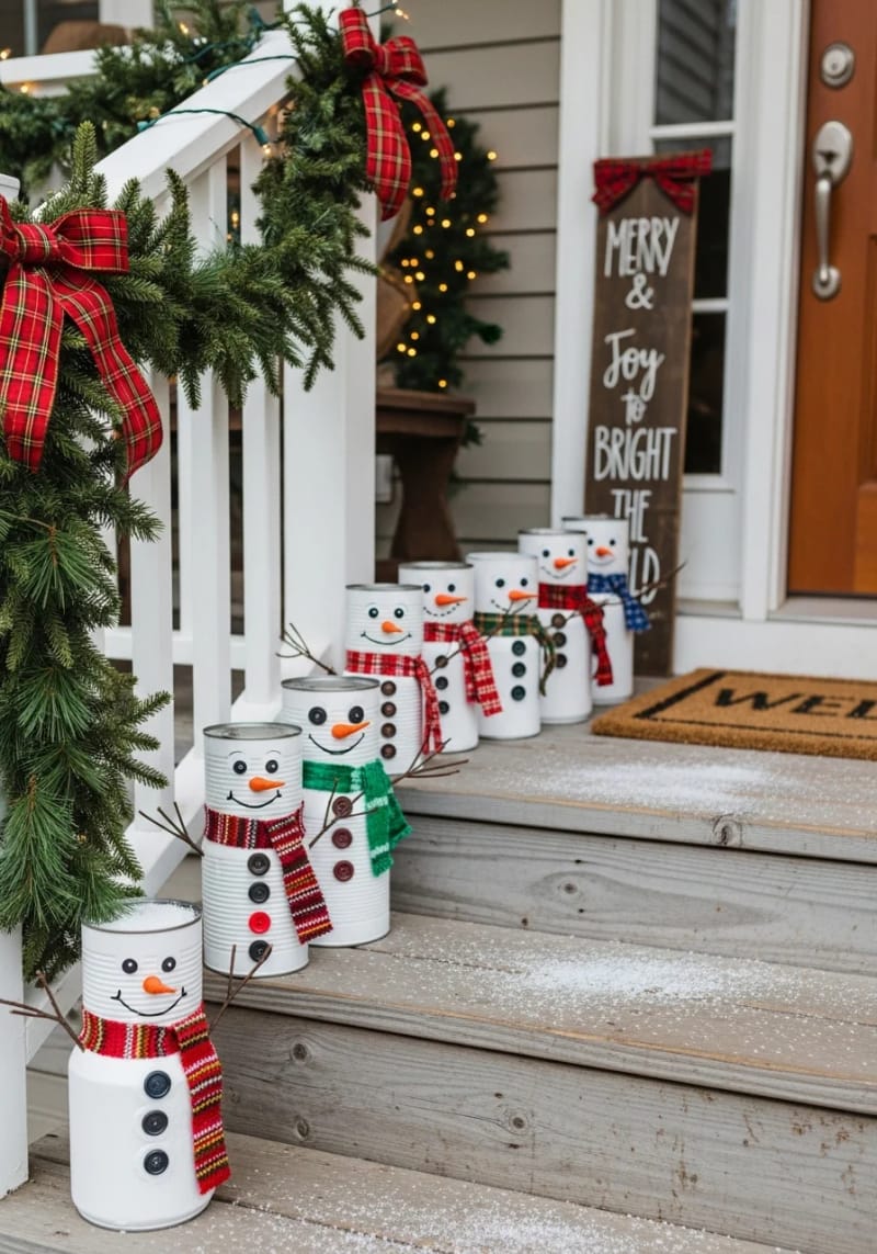 upcycled tin cans painted as snowmen, lined along porch steps 1