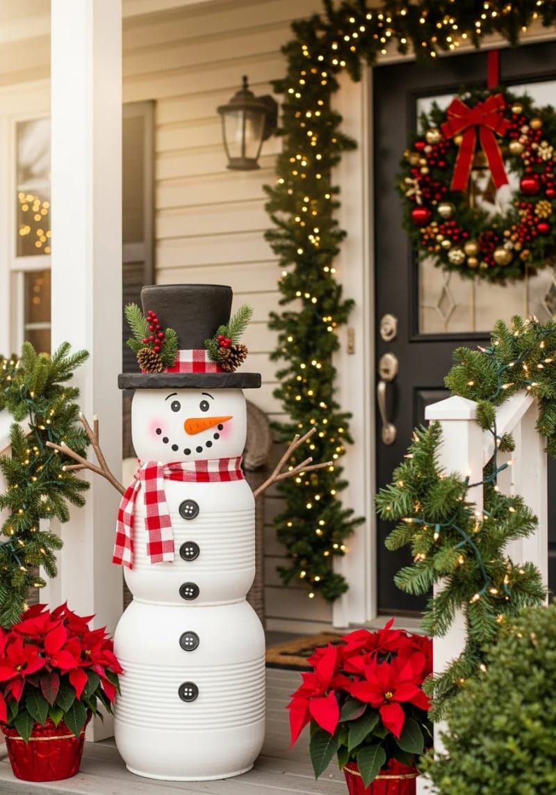 upcycled tin cans painted as snowmen, lined along porch steps 1