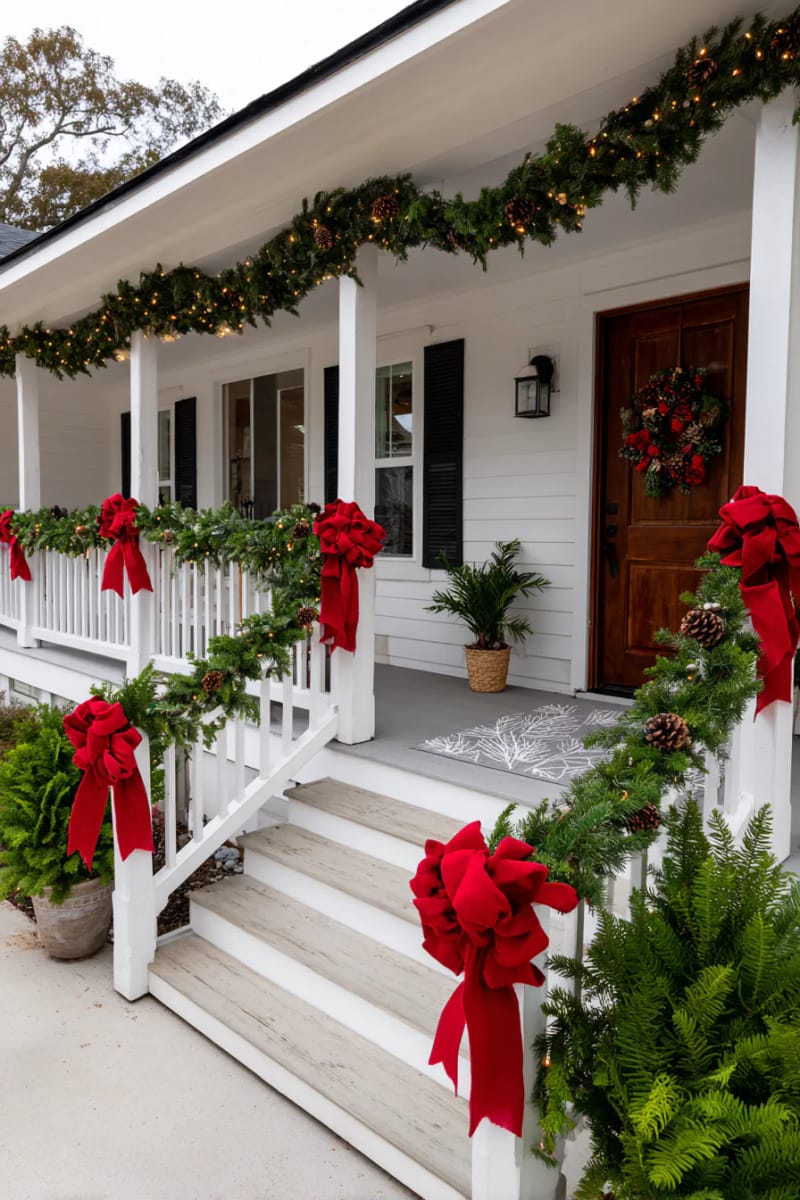 15 Christmas Decor Ideas for a Front Porch DIY That’s Simple but Stunning 22 use large red bows and garlands to line porch railings and create a classic entrance. 1