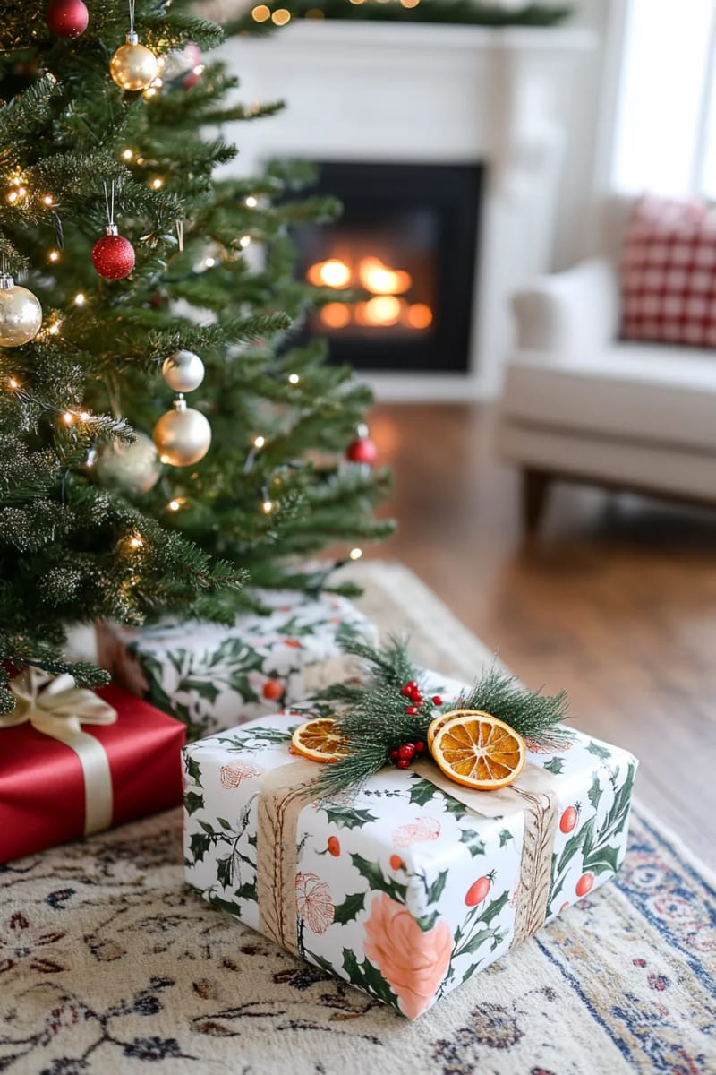 use vintage floral fabric with dried orange slices for a festive touch. 1