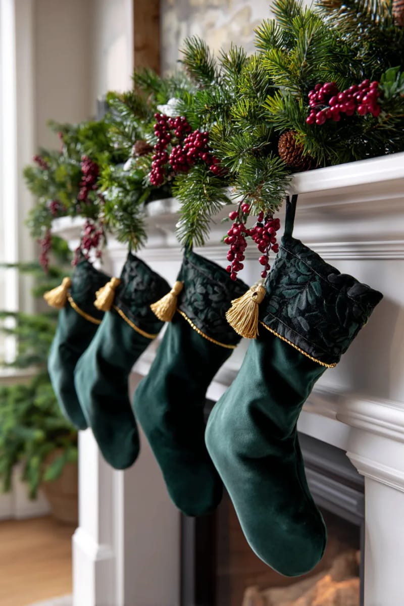 25 Green Christmas Fireplace Decor Ideas for a Fresh and Festive Mantel 3 velvet green stockings with golden tassels draped across a pine garland mantel 1