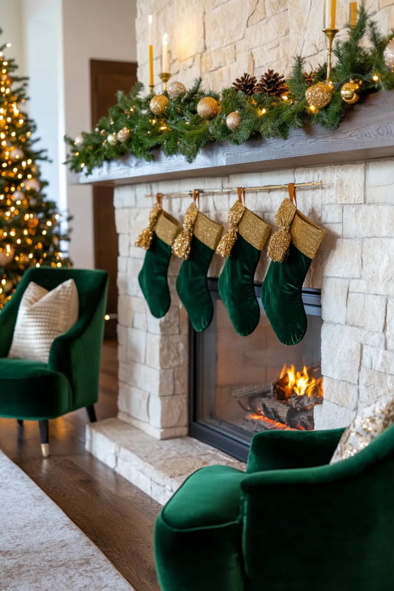 25 Green Christmas Fireplace Decor Ideas for a Fresh and Festive Mantel 4 velvet green stockings with golden tassels draped across a pine garland mantel 1