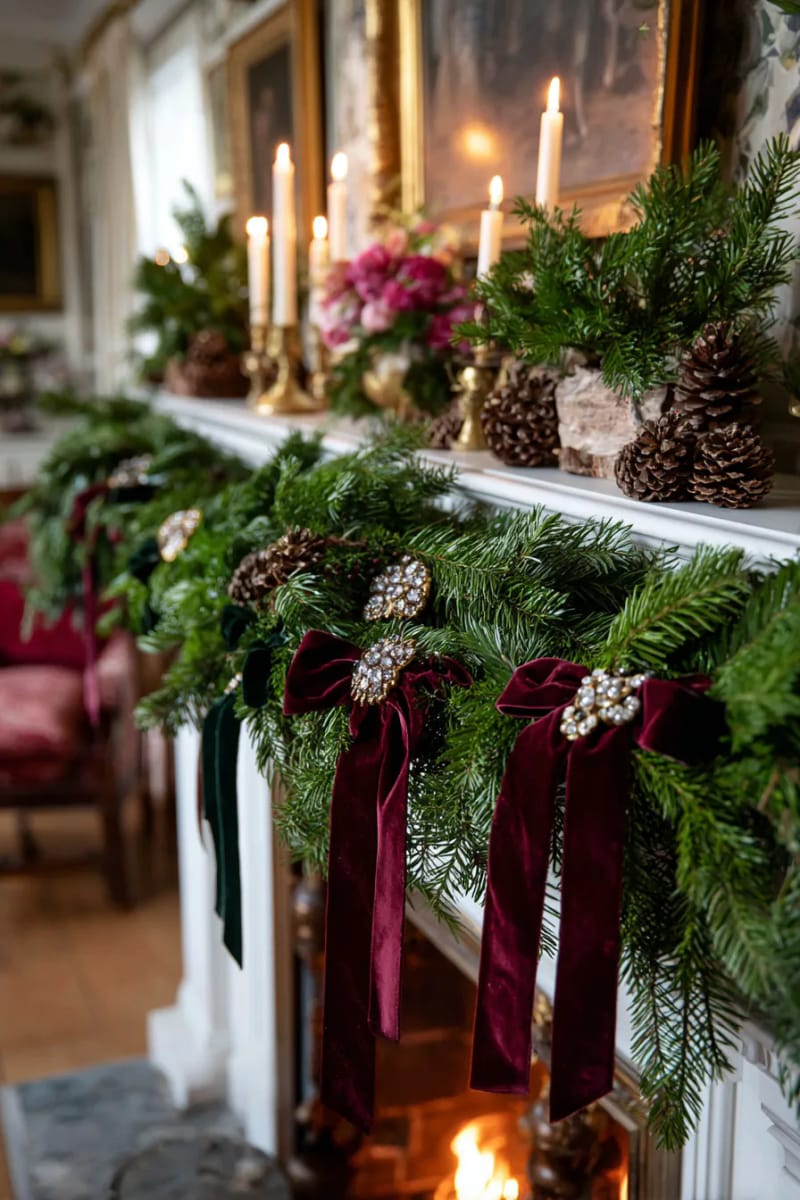 23 Elegant Christmas Decor Ideas You’ve Never Seen Before 8 velvet ribbon bows and vintage brooches on an evergreen mantle garland 1