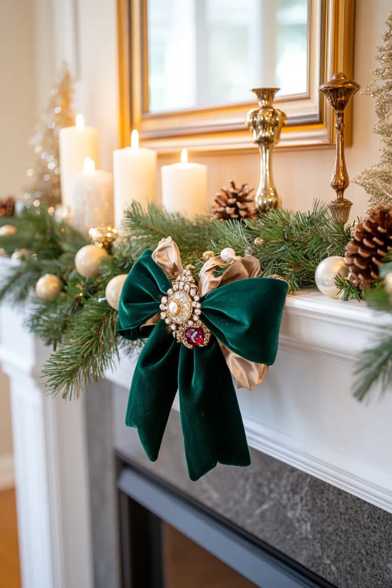 23 Elegant Christmas Decor Ideas You’ve Never Seen Before 9 velvet ribbon bows and vintage brooches on an evergreen mantle garland 1