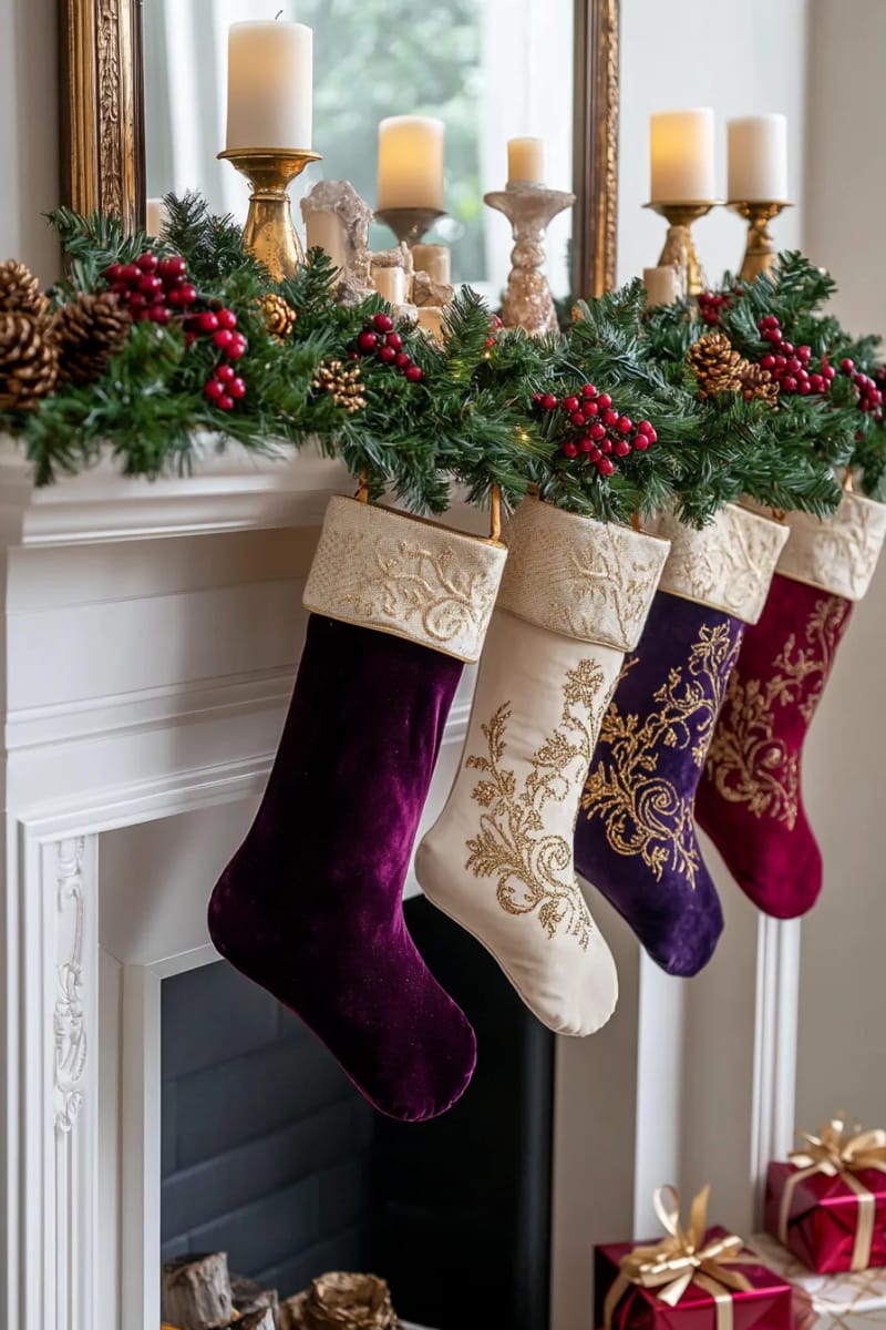 velvet stockings and red berry garland draped over a classic white mantel 1