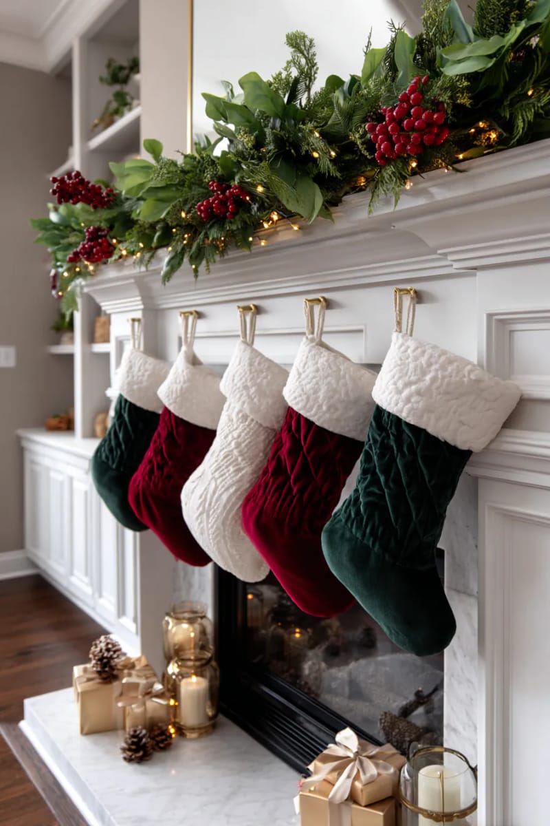 velvet stockings and red berry garland draped over a classic white mantel 1
