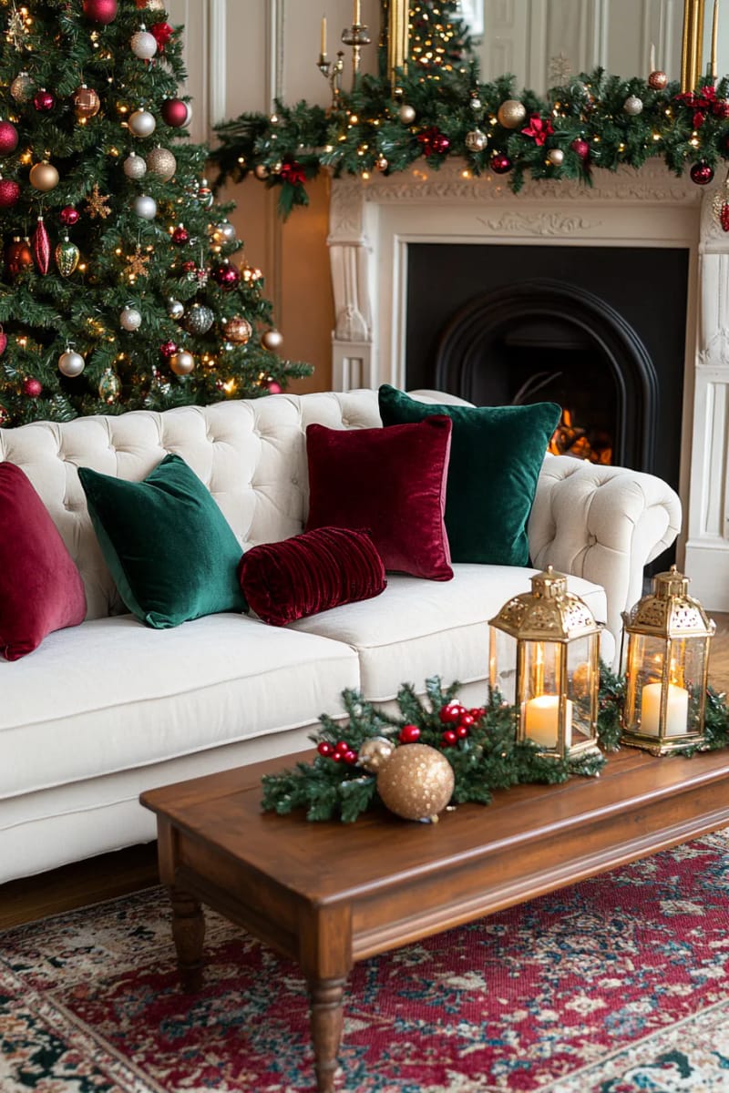 25 Tasteful Christmas Decor Ideas for a Cozy Holiday Home 20 velvet throw pillows in muted burgundy and forest green on the sofa 1