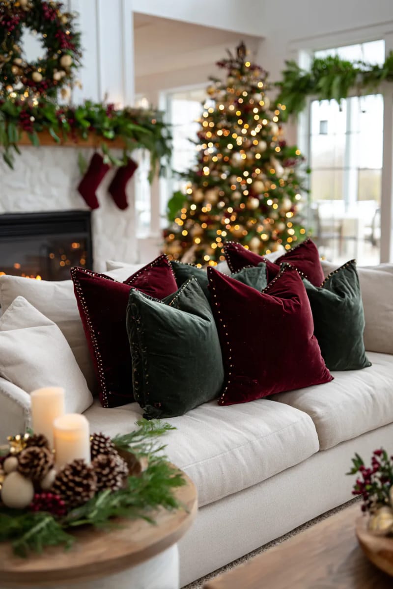 25 Tasteful Christmas Decor Ideas for a Cozy Holiday Home 21 velvet throw pillows in muted burgundy and forest green on the sofa 1