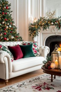25 Tasteful Christmas Decor Ideas for a Cozy Holiday Home 1 velvet throw pillows in muted burgundy and forest green on the sofa 12