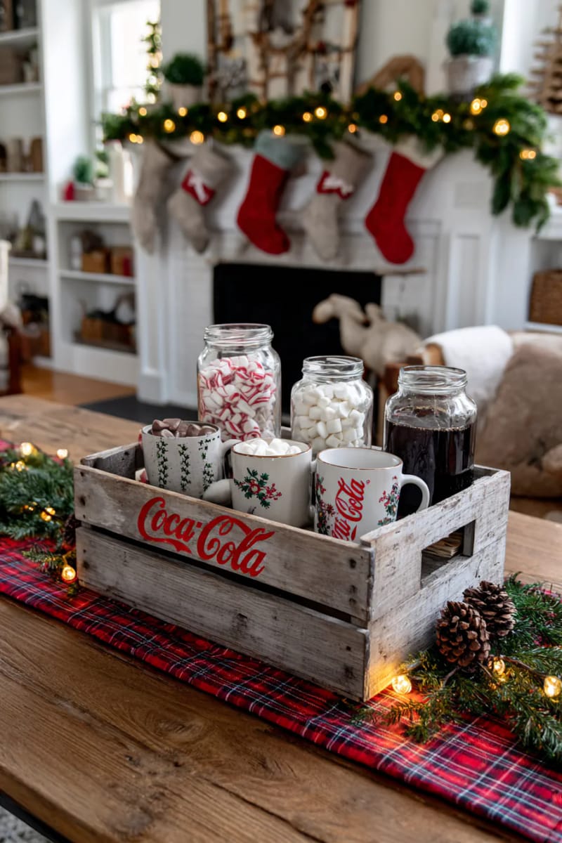 vintage coca-cola crate as a rustic hot cocoa station 1