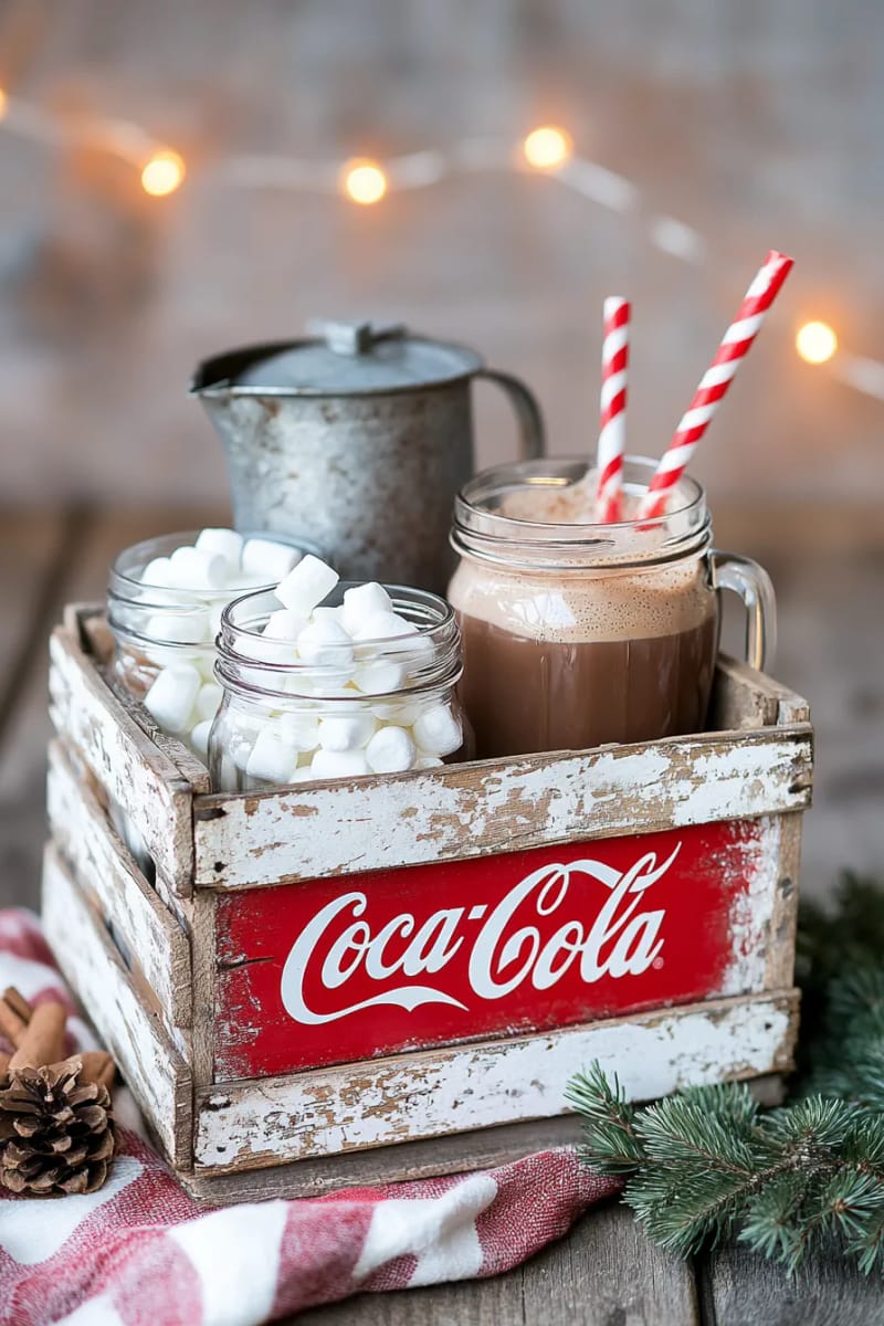 vintage coca-cola crate as a rustic hot cocoa station 1