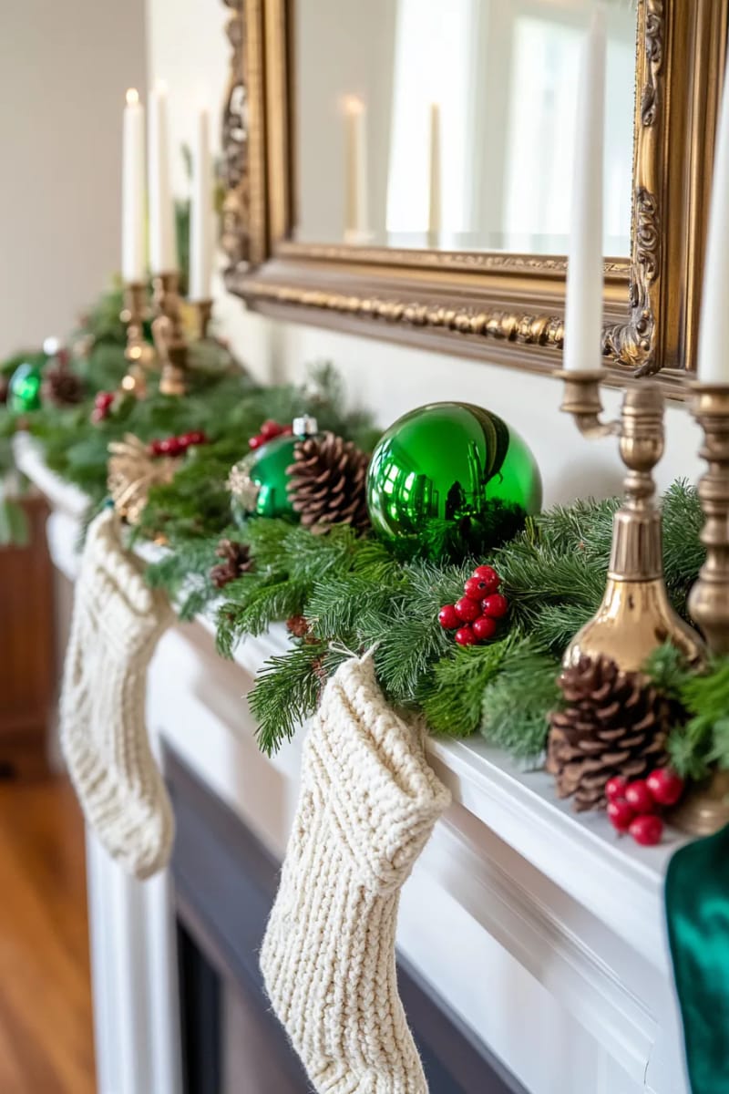 25 Green Christmas Fireplace Decor Ideas for a Fresh and Festive Mantel 28 vintage green glass ornaments nestled within fresh garland on the mantel 1