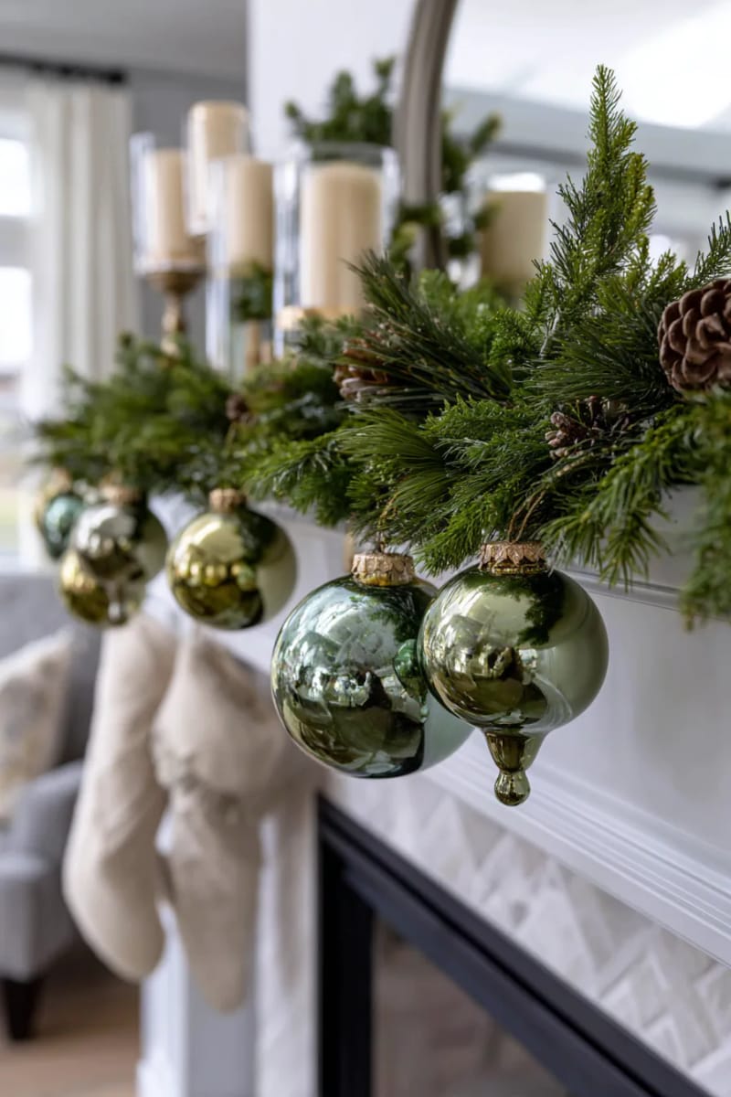 25 Green Christmas Fireplace Decor Ideas for a Fresh and Festive Mantel 29 vintage green glass ornaments nestled within fresh garland on the mantel 1