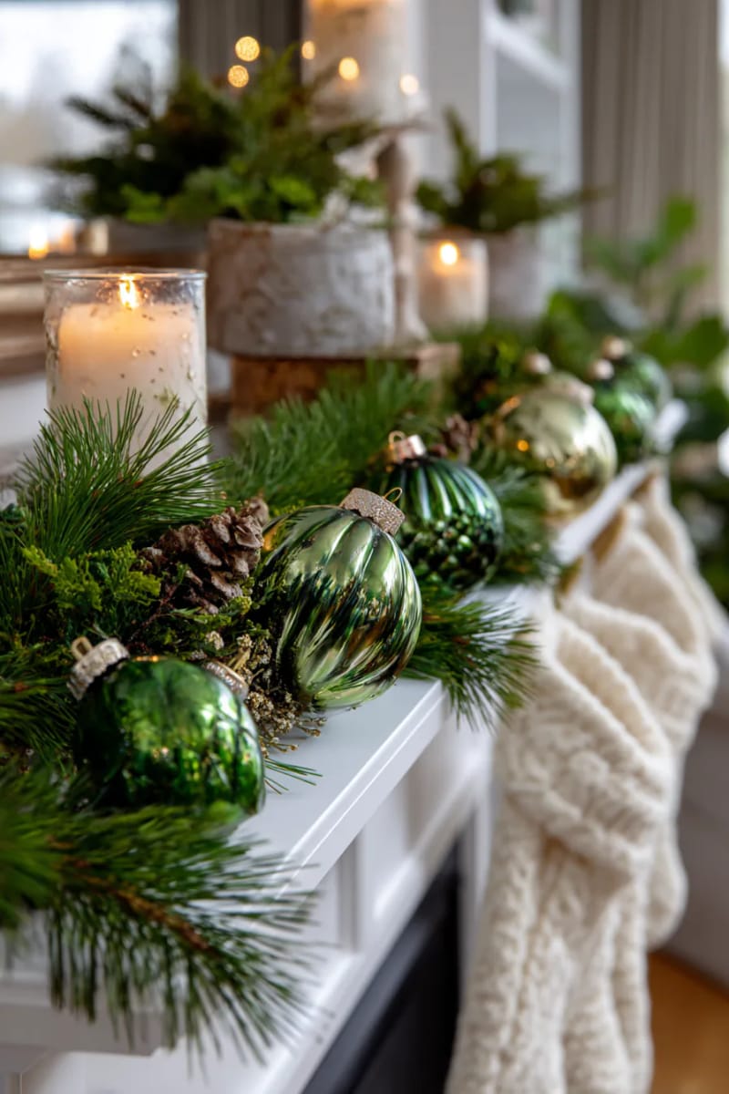 25 Green Christmas Fireplace Decor Ideas for a Fresh and Festive Mantel 30 vintage green glass ornaments nestled within fresh garland on the mantel 1