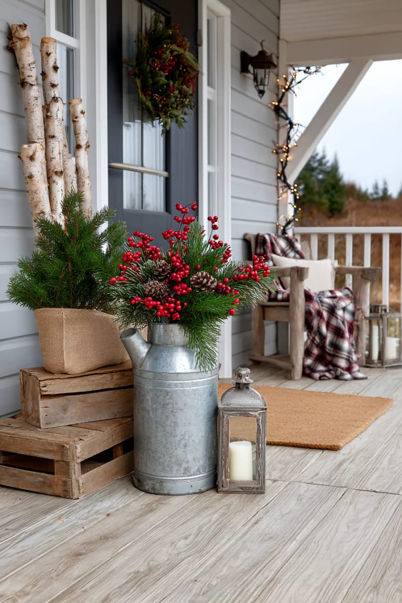 15 Cozy Rustic Christmas Porch Ideas for Country Charm 16 vintage milk can with festive red berries and greenery as a porch statement piece 1