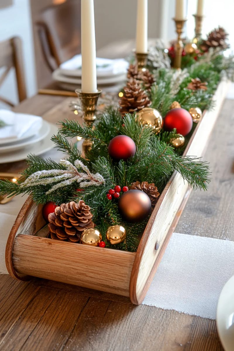 vintage sled centerpiece filled with pine branches and baubles 1