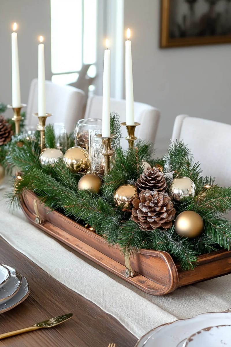 vintage sled centerpiece filled with pine branches and baubles 1
