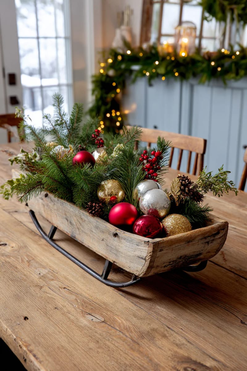 vintage sled centerpiece filled with pine branches and baubles 1