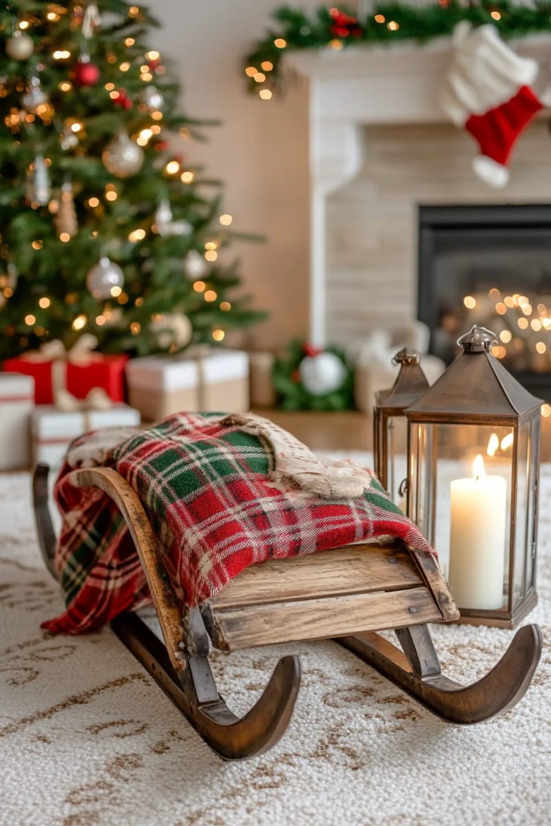 vintage sled propped in corner with plaid blanket and lantern accents 1