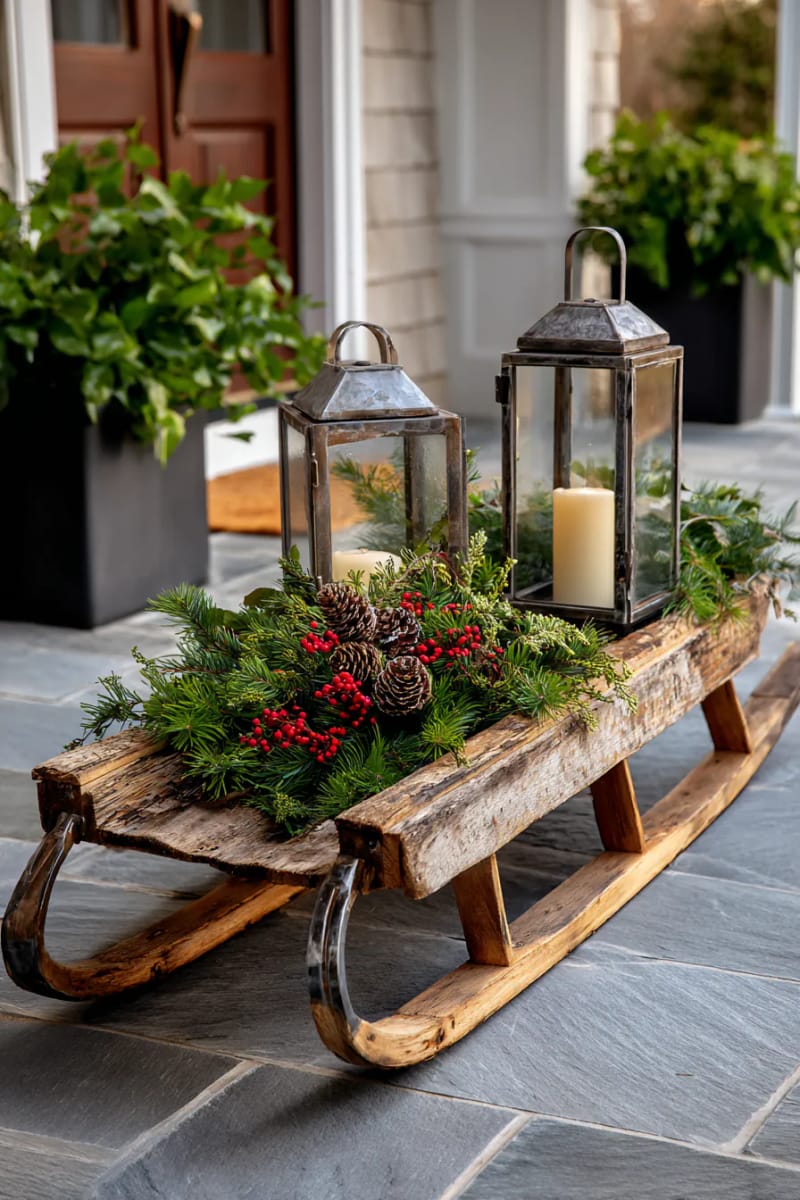 27 Rustic Christmas Decoration Ideas For Your Farmhouse 70 vintage sled topped with greenery and lanterns 1