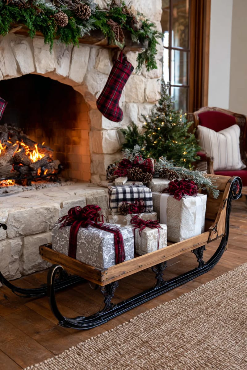 vintage sleigh filled with wrapped gifts set beside the fire 1