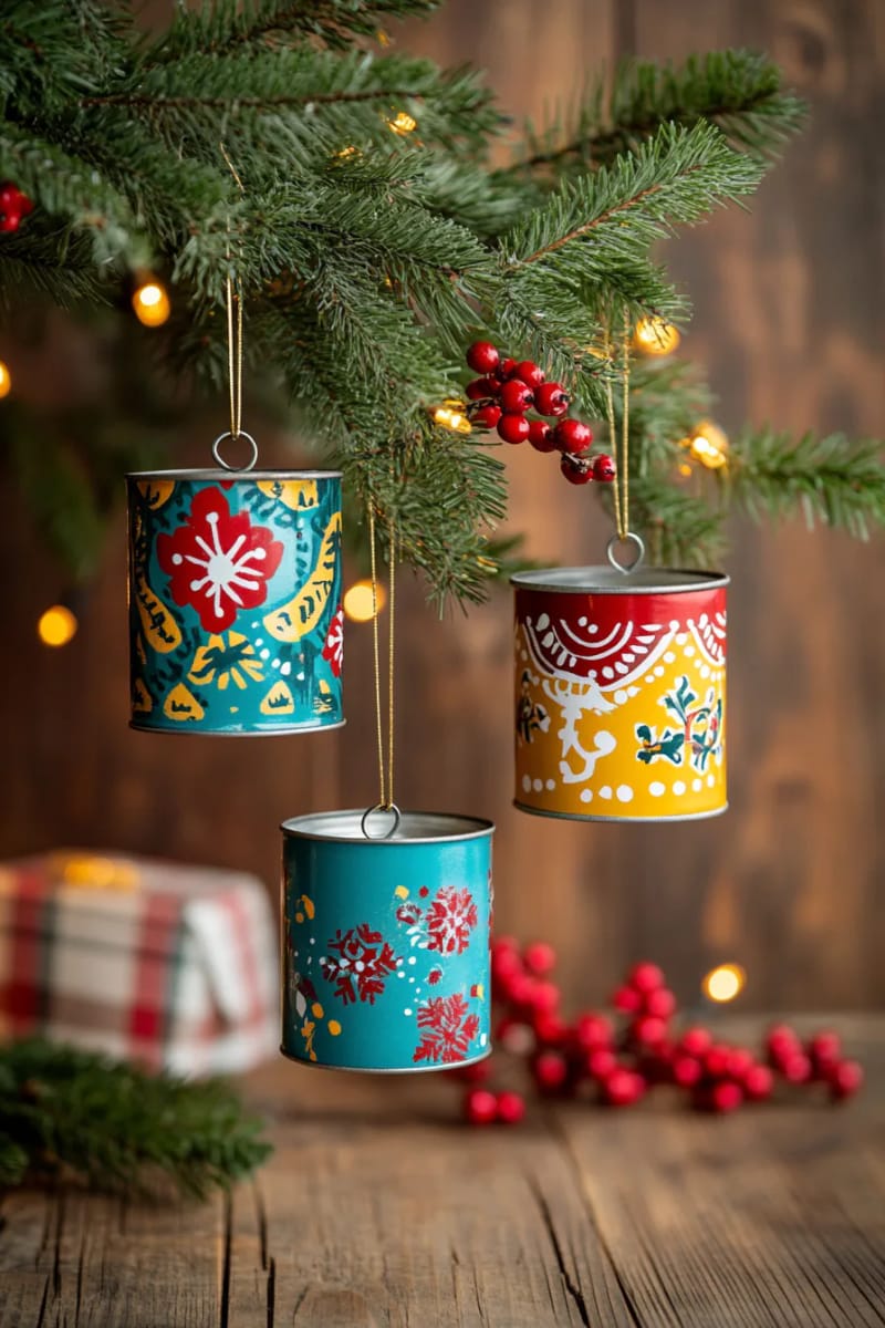 29 Upcycled Christmas Crafts For Unique Holiday DIY Projects 3 vintage tin can tree ornaments painted with retro patterns and metallic accents 1