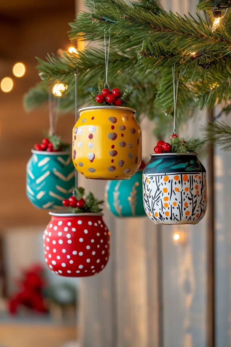 29 Upcycled Christmas Crafts For Unique Holiday DIY Projects 5 vintage tin can tree ornaments painted with retro patterns and metallic accents 1