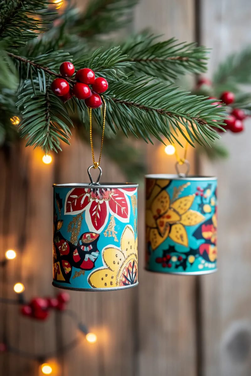 29 Upcycled Christmas Crafts For Unique Holiday DIY Projects 6 vintage tin can tree ornaments painted with retro patterns and metallic accents 1