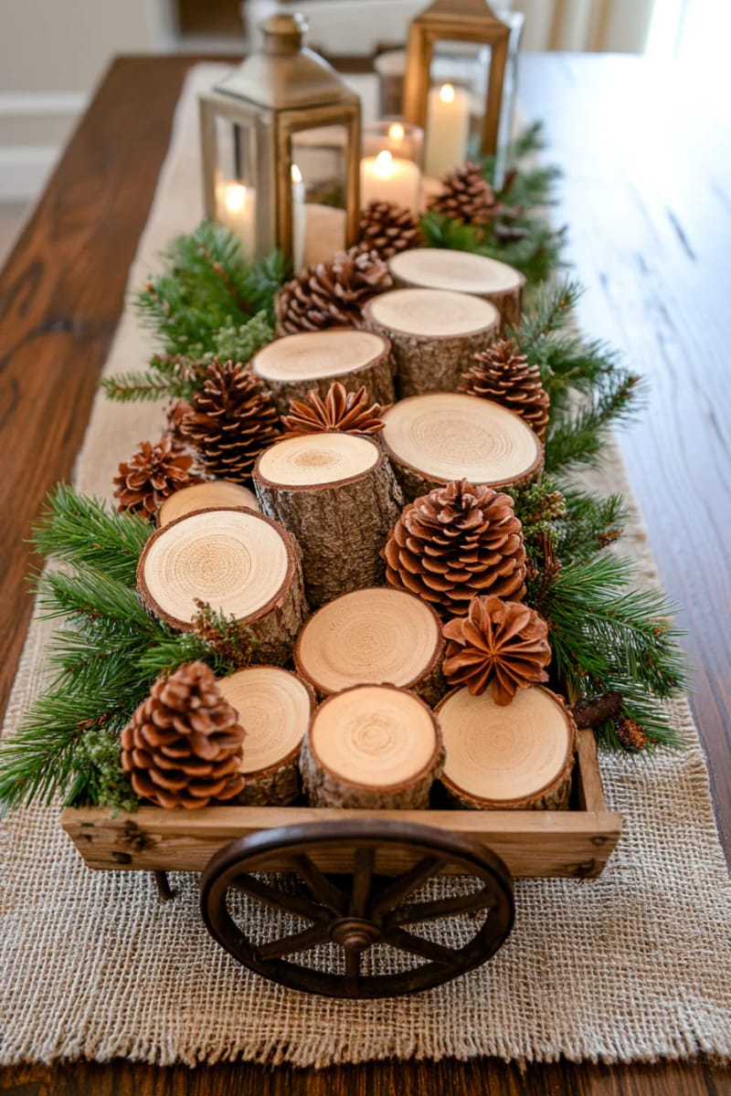vintage wagon centerpiece stacked with miniature log slices and pinecones 1