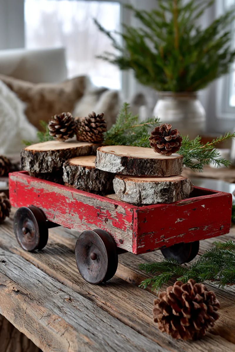 vintage wagon centerpiece stacked with miniature log slices and pinecones 1