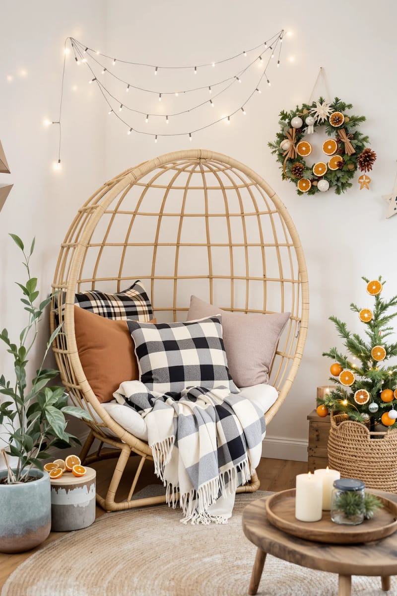 vintage wool blankets layered over a rattan reading nook under twinkling lights 1