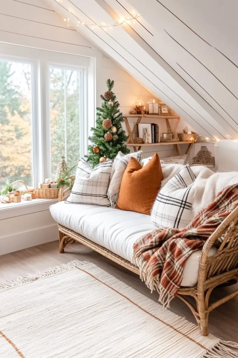 vintage wool blankets layered over a rattan reading nook under twinkling lights 1